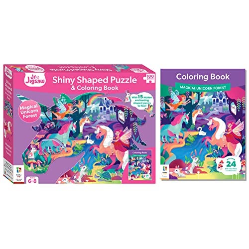 Hinkler Jr Jigsaw 100-Piece Jigsaw Puzzle: Magical Unicorn Forest Shiny Shaped Puzzle & Coloring Book - 19.3inx14.2in - Jigsaws for Kids Aged 6 to 8 - Fantasy Themed Jigsaw – Unicorns and Fairies - Image 1