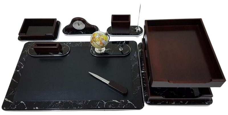طقم مكتب فاخر مكون من 8 قطع مصنوع من الجلد والرخام - Image 1