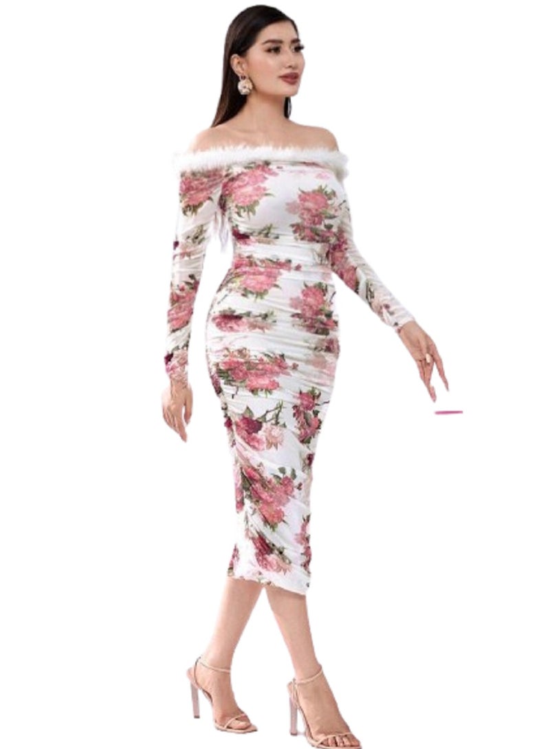 فستان نسائي منزلي مكشوف الكتفين مع حافة من الفرو وطبعة زهور