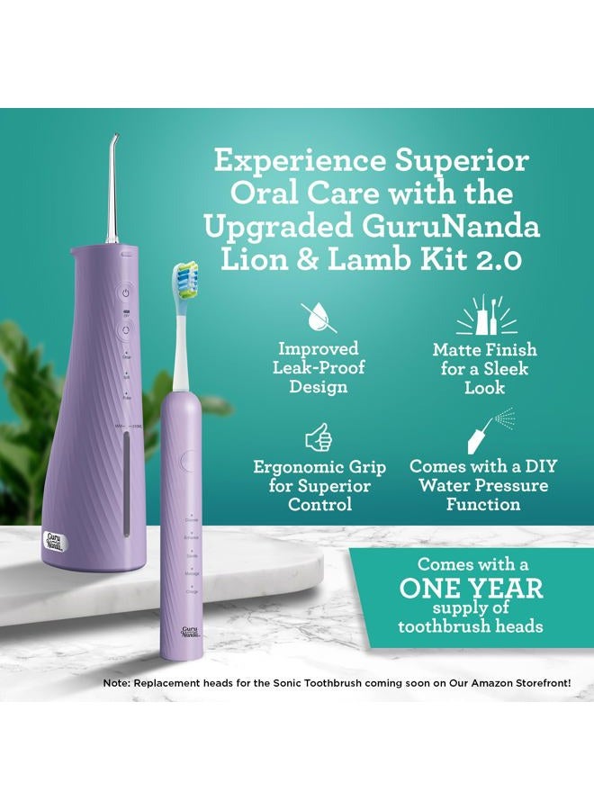 GuruNanda Lion & Lamb Kit 2.0, Electric Toothbrush with Water Flosser Combo, 4 Jet Tips, 4 Brush Heads, & IPX7 Waterproof Design for Complete Oral Care, Lavender - Image 2