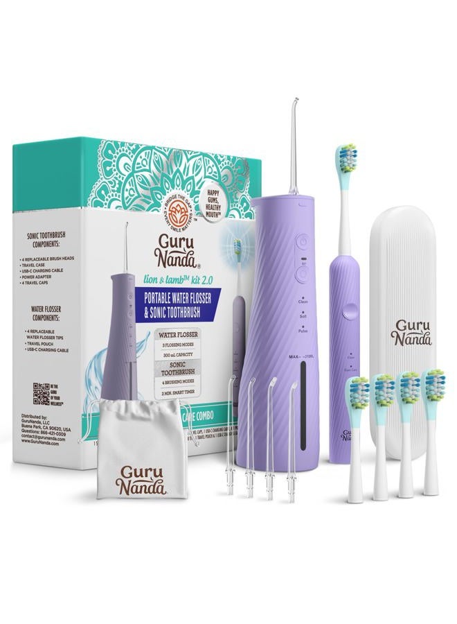 GuruNanda Lion & Lamb Kit 2.0, Electric Toothbrush with Water Flosser Combo, 4 Jet Tips, 4 Brush Heads, & IPX7 Waterproof Design for Complete Oral Care, Lavender - Image 1