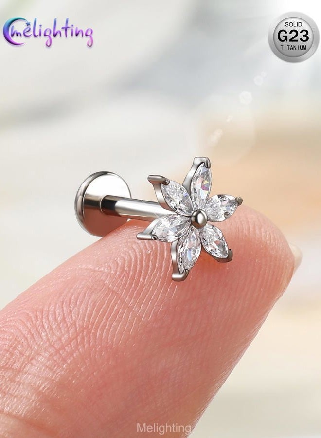 Melighting 16G Titanium G23 Flower Helix Flat Back Earring, Internally Threaded Hoop Cartilage Ring Stud, Marquise CZ Lotus Conch Lip Labret Tragus Piercing Jewelry for Women 8 mm - Image 2
