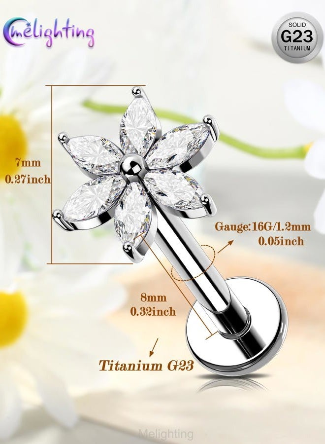 Melighting 16G Titanium G23 Flower Helix Flat Back Earring, Internally Threaded Hoop Cartilage Ring Stud, Marquise CZ Lotus Conch Lip Labret Tragus Piercing Jewelry for Women 8 mm - Image 4