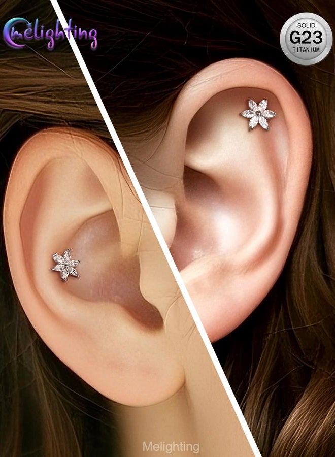 Melighting 16G Titanium G23 Flower Helix Flat Back Earring, Internally Threaded Hoop Cartilage Ring Stud, Marquise CZ Lotus Conch Lip Labret Tragus Piercing Jewelry for Women 8 mm - Image 5