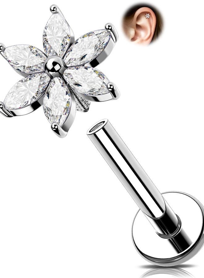 Melighting 16G Titanium G23 Flower Helix Flat Back Earring, Internally Threaded Hoop Cartilage Ring Stud, Marquise CZ Lotus Conch Lip Labret Tragus Piercing Jewelry for Women 8 mm - Image 1