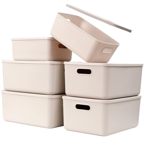 Yishyfier Plastic Storage Baskets With Lid Organizing Container Lidded Knit Storage Organizer Bins for Shelves Drawers Desktop Closet Playroom Classroom Office (4M+2S, Light grey) - Image 1