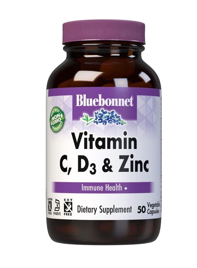 Bluebonnet Nutrition Vitamin C, D3 & Zinc, for Immune Health and Respiratory Function*, Soy-Free, Gluten-Free, Non-GMO, Kosher Certified, Dairy-Free, 50 Vegetable Capsules, 50 Servings  - Image 1