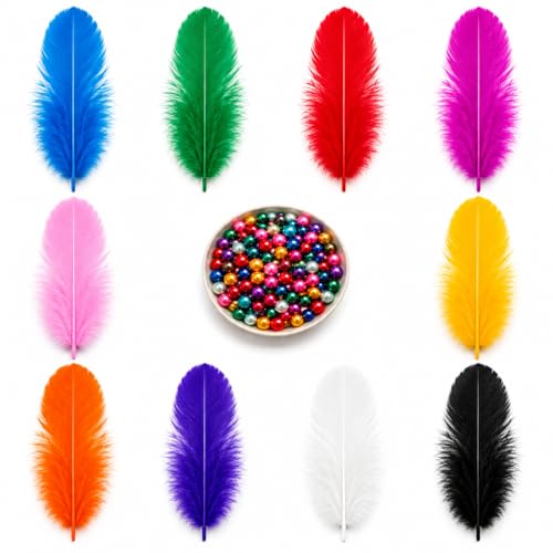 The Brown Box® Natural Dyed Feathers for Decoration & DIY Crafts with Colourful Beads | Feathers of Birds for Dream Catcher, Earrings, Cap Decoration & Art Projects | 10 Colors | 250 Pieces | 4–5 Inch - Image 1