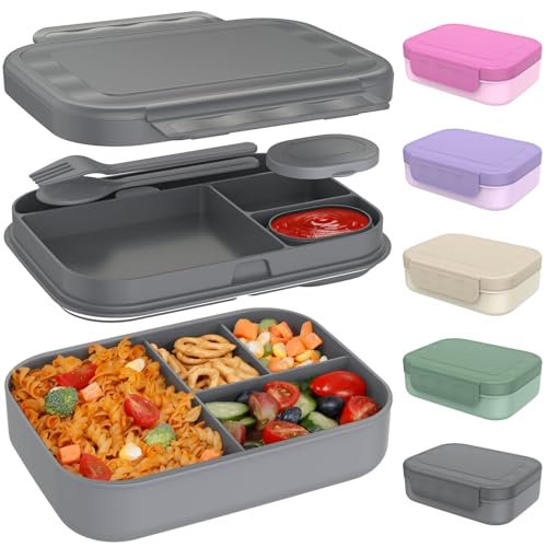 Caperci Stackable Bento Lunch Box for Adult Teens Reinforced LeakProof Lunch Container 4Compartment with Utensils Sauce Container BPAFree DishwasherMicrowave Safe 47oz Dark Gray