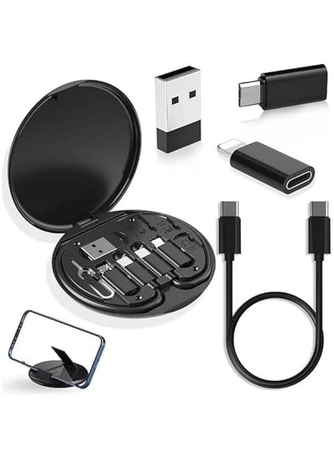 USB AdapterA Kit, Micro USB Charging Cable with USB C Lightning Adapter, Lightning to USB C Adapter, Multi Charging Cable Storage Box Contains SIM Card Holder (Black)