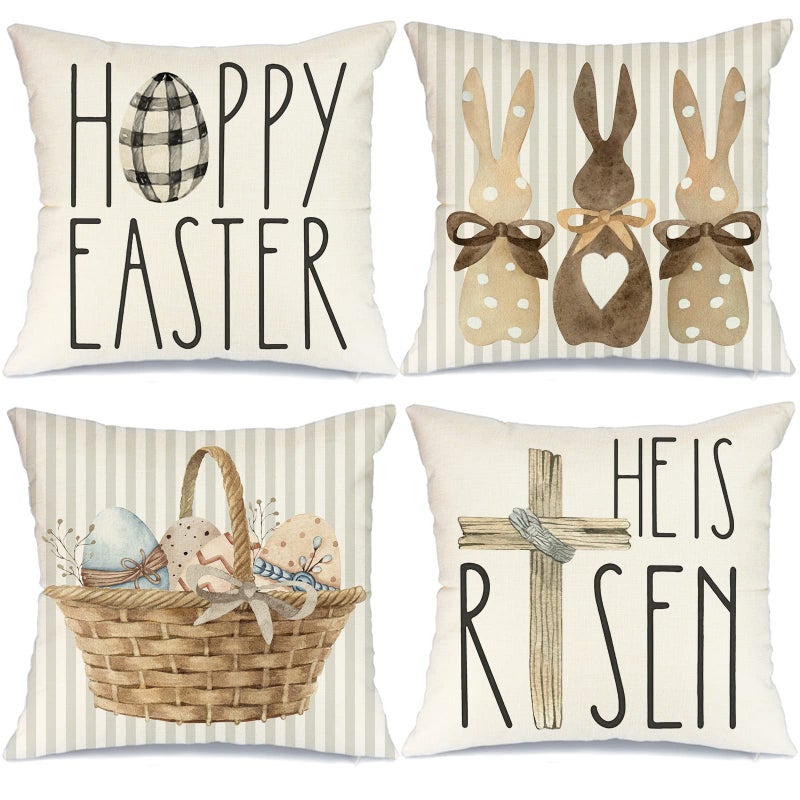 GEEORY Happy Easter Throw Pillow Covers 18x18 Set of 4 Easter Decorations for Home Bunny He is Risen Cross Eggs Decorative Spring Home Decor for Sofa Couch G209-18 - Image 1