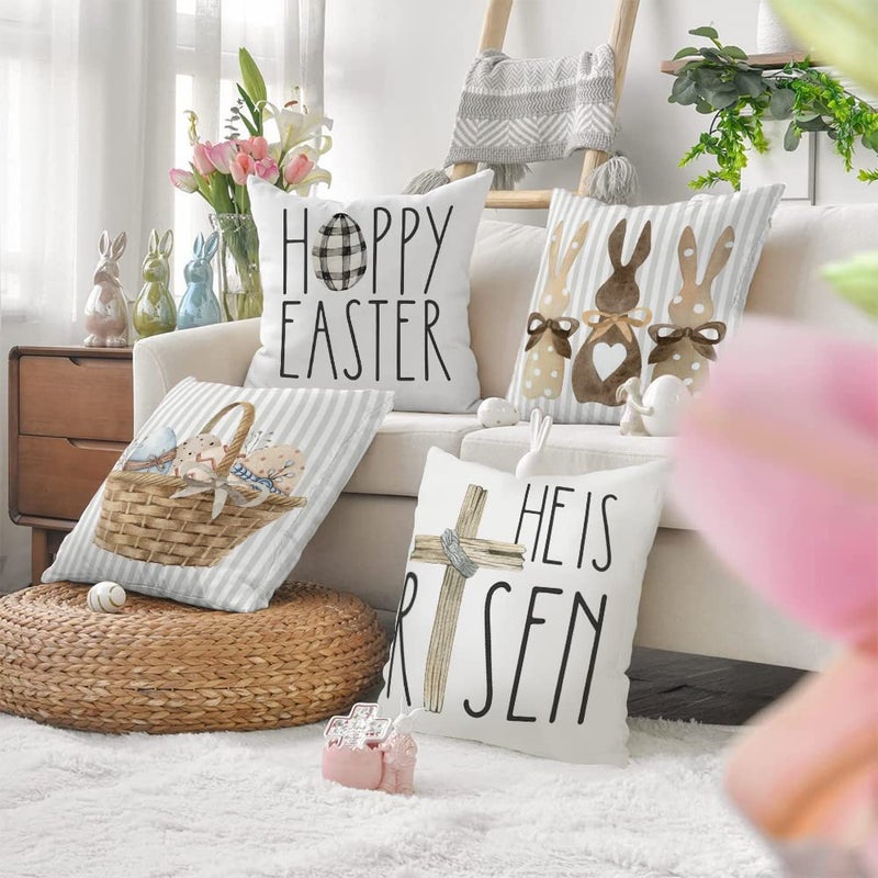 GEEORY Happy Easter Throw Pillow Covers 18x18 Set of 4 Easter Decorations for Home Bunny He is Risen Cross Eggs Decorative Spring Home Decor for Sofa Couch G209-18 - Image 4