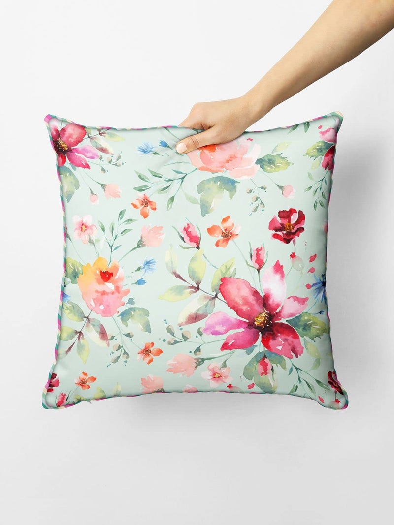 BIANCA Designer Reversible Printed Silk Linen Cushion Covers -1pc 16 X16 Size (Suzane) | with Contrast Front & Back Digital Print | Hidden Zipper Floral-Solid-Mint/Teal - Image 1