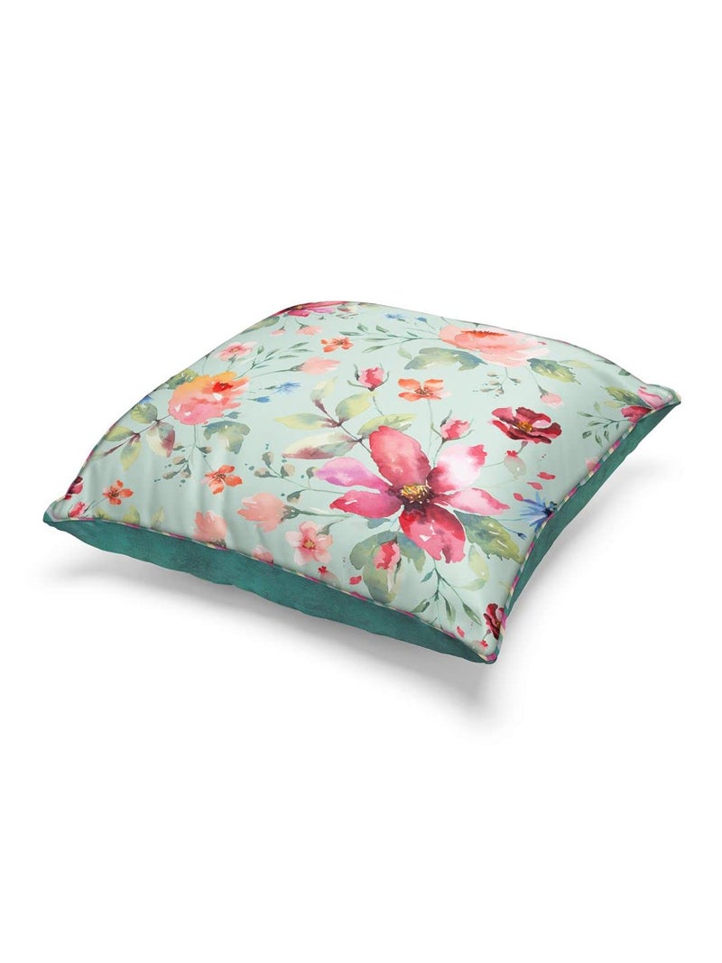 BIANCA Designer Reversible Printed Silk Linen Cushion Covers -1pc 16 X16 Size (Suzane) | with Contrast Front & Back Digital Print | Hidden Zipper Floral-Solid-Mint/Teal - Image 2