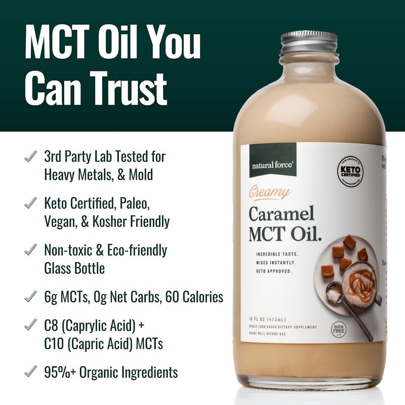 Natural Force Creamy Caramel MCT Oil – Non Dairy, Keto Certified, Emulsified MCTs for Low-Carb, Ketogenic Coffee, Smoothies, & Shakes - Mixes Instantly + No Blending Required – 16 Oz Glass Bottle - Image 2