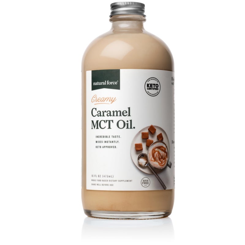 Natural Force Creamy Caramel MCT Oil – Non Dairy, Keto Certified, Emulsified MCTs for Low-Carb, Ketogenic Coffee, Smoothies, & Shakes - Mixes Instantly + No Blending Required – 16 Oz Glass Bottle - Image 1