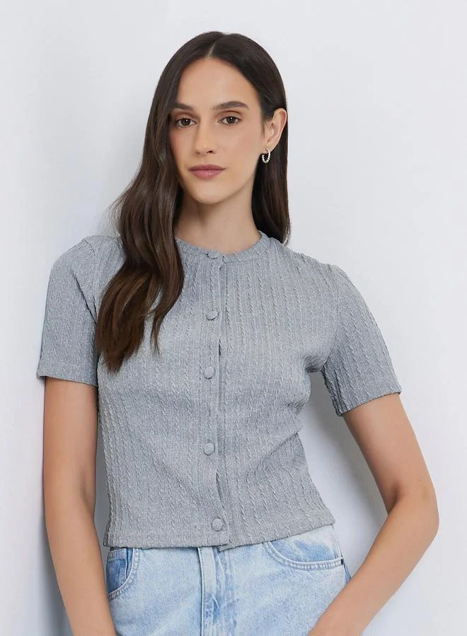 Styli Styli Women Grey Textured Buttoned Knit Top