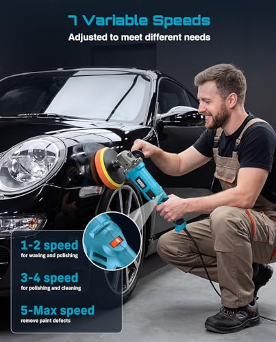 Seesii Car Buffer Polisher 1600W, 7"/6" Variable Speed 2056-3600 RPM Rotary Polisher with Copper Motor & Detachable Handles, Ideal for DIY Detailers, Auto Detailing Hobbyists, Scratch Removal & Waxing - Image 3