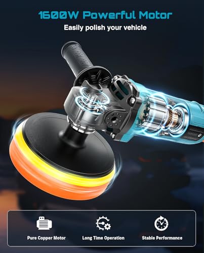 Seesii Car Buffer Polisher 1600W, 7"/6" Variable Speed 2056-3600 RPM Rotary Polisher with Copper Motor & Detachable Handles, Ideal for DIY Detailers, Auto Detailing Hobbyists, Scratch Removal & Waxing - Image 2