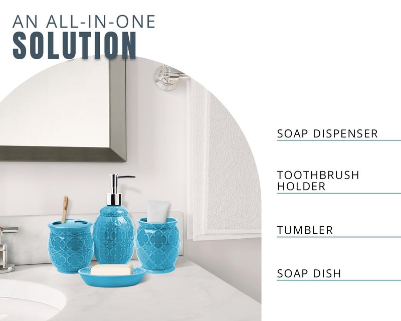 Comfify مجموعة إكسسوارات الحمام من كومفي 4 قطع - مجموعة حمام سيراميكية بتشطيب لامع أزرق - إكسسوارات حديثة للحمام تشمل صحن صابون، كوب، وحامل فرشاة أسنان - Image 5