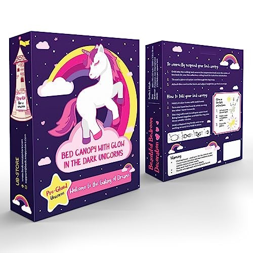 UB-STORE Purple Canopy for Girls Bed with Pre-Glued Glow in The Dark Unicorns - Princess Mosquito Net Room Decor - Kids & Baby Bedroom Tent with Galaxy Lights - 1 Opening Canopy Bed & Hanging Kit Included - Image 3