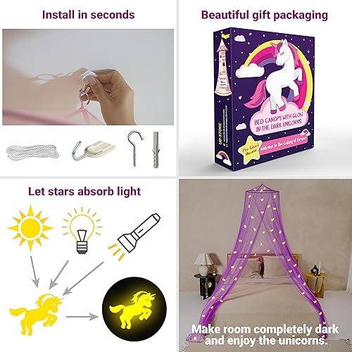 UB-STORE Purple Canopy for Girls Bed with Pre-Glued Glow in The Dark Unicorns - Princess Mosquito Net Room Decor - Kids & Baby Bedroom Tent with Galaxy Lights - 1 Opening Canopy Bed & Hanging Kit Included - Image 4
