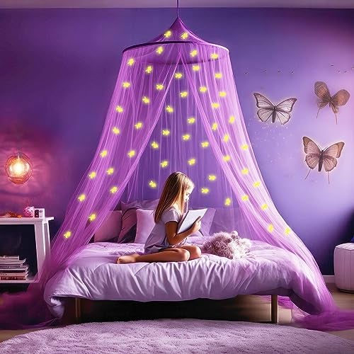 UB-STORE Purple Canopy for Girls Bed with Pre-Glued Glow in The Dark Unicorns - Princess Mosquito Net Room Decor - Kids & Baby Bedroom Tent with Galaxy Lights - 1 Opening Canopy Bed & Hanging Kit Included - Image 1