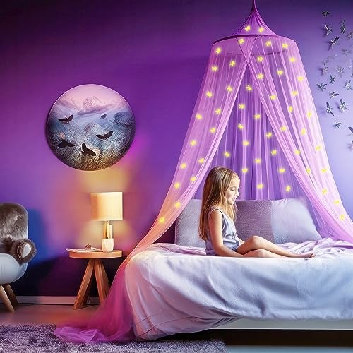 UB-STORE Purple Canopy for Girls Bed with Pre-Glued Glow in The Dark Unicorns - Princess Mosquito Net Room Decor - Kids & Baby Bedroom Tent with Galaxy Lights - 1 Opening Canopy Bed & Hanging Kit Included - Image 2