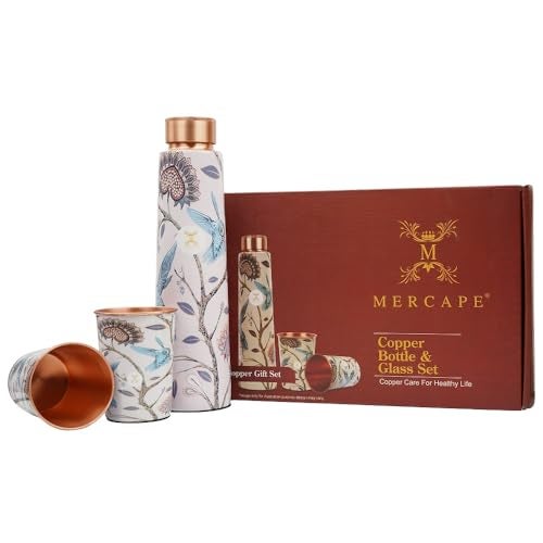 MERCAPE® - 100% Meena Print Pure Copper Water Bottle | Leak Proof, Durable & Rust Proof | Non-Toxic & BPA Free Bottles | Eco Friendly Water Bottle (900 ml) with 2 Glass 300 ML Each. - Image 1