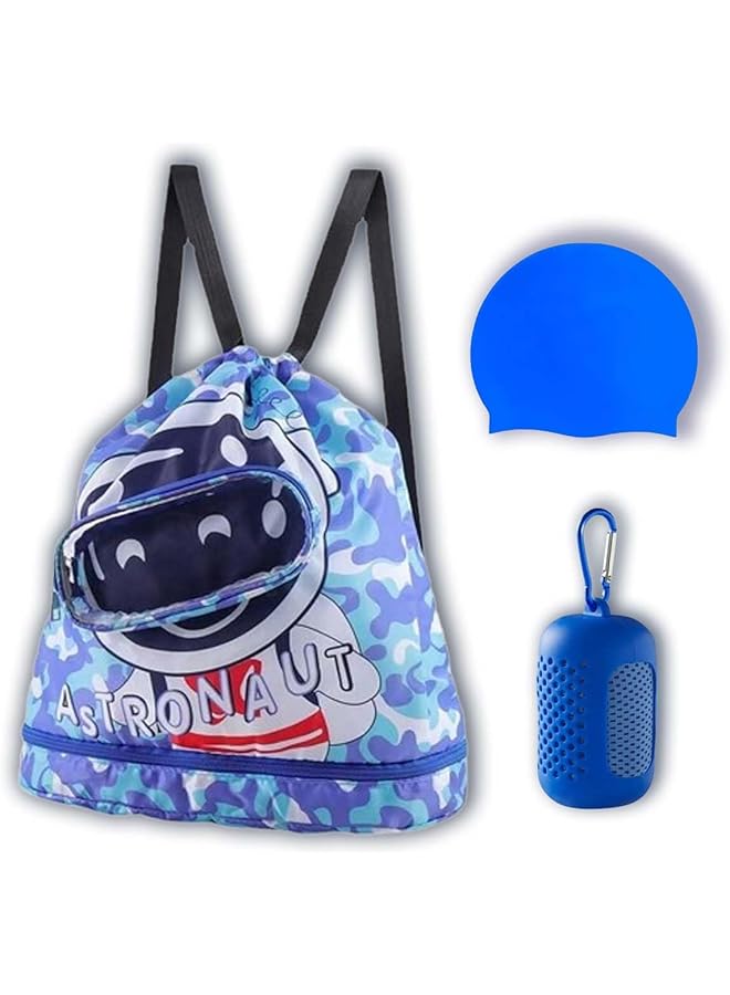 PROMASS Swimming Backpack For Kids, Dry And Wet Separation Waterproof Storage Bag Portable Drawstring Backpack For Gym Sports Beach Pool Gear Bag，Ice-Cold Quick-Dry Towel（Blue） - Image 1