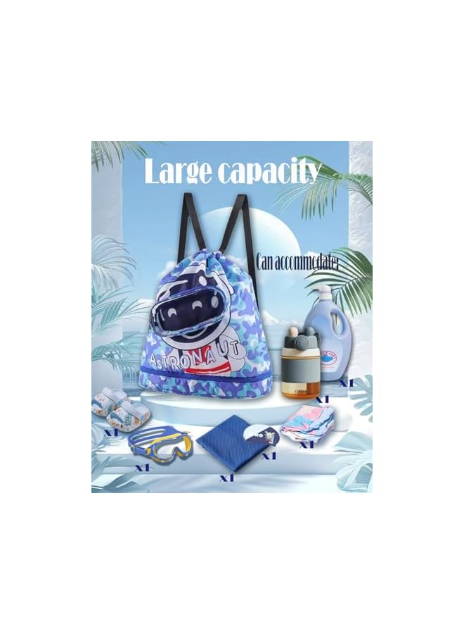 PROMASS Swimming Backpack For Kids, Dry And Wet Separation Waterproof Storage Bag Portable Drawstring Backpack For Gym Sports Beach Pool Gear Bag，Ice-Cold Quick-Dry Towel（Blue） - Image 2
