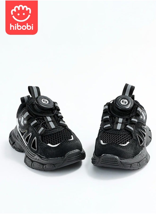 hibobi - Children's Sports Shoes Breathable Mesh Low-top Swivel Buckle Heightening Running Shoes Suitable for Boys and Girls - Black - Image 1