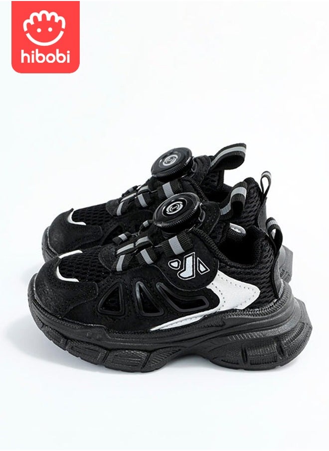 hibobi - Children's Sports Shoes Breathable Mesh Low-top Swivel Buckle Heightening Running Shoes Suitable for Boys and Girls - Black - Image 1