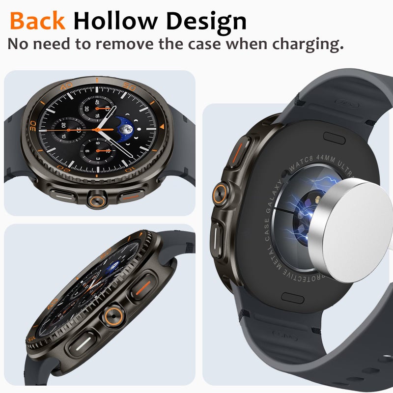 Amizee 3 in 1 Metal Case for Samsung Galaxy Watch 8 44mm Case with Screen Protector, Rugged Bumper Scratch Resistant Protection Cover for Galaxy Watch 8, Numeric-Graphite/Orange - Image 5