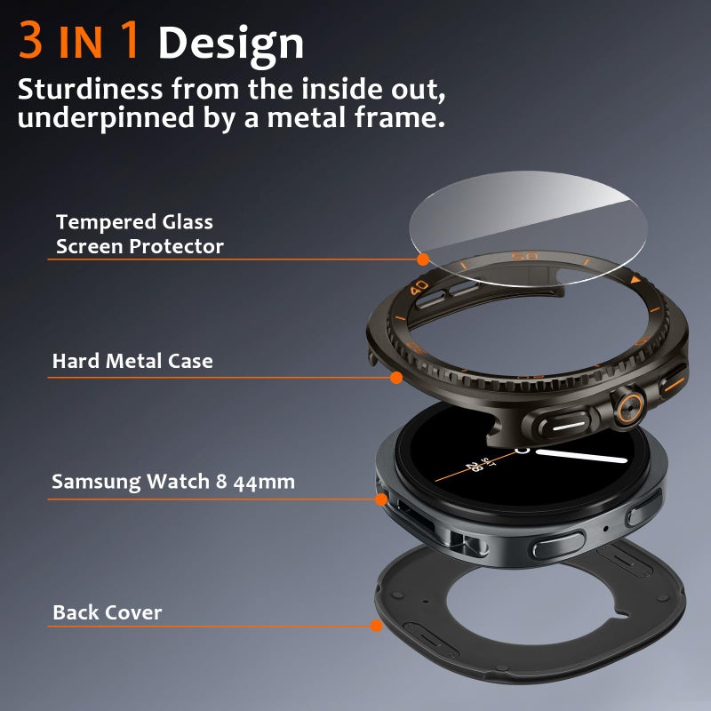 Amizee 3 in 1 Metal Case for Samsung Galaxy Watch 8 44mm Case with Screen Protector, Rugged Bumper Scratch Resistant Protection Cover for Galaxy Watch 8, Numeric-Graphite/Orange - Image 3
