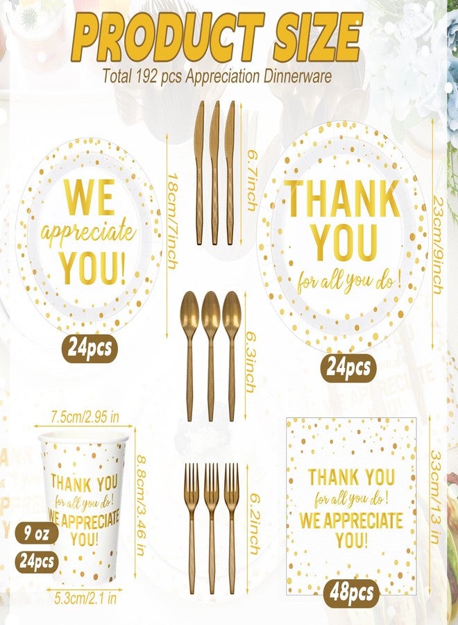 Funnymoom مجموعة Funnymoom المكونة من 192 قطعة من أطباق ومناديل الشكر، مستلزمات تزيين حفلات التقدير، أدوات مائدة للاستخدام مرة واحدة للمعلمين والموظفين وحفلات التخرج (ذهبي) - Image 2