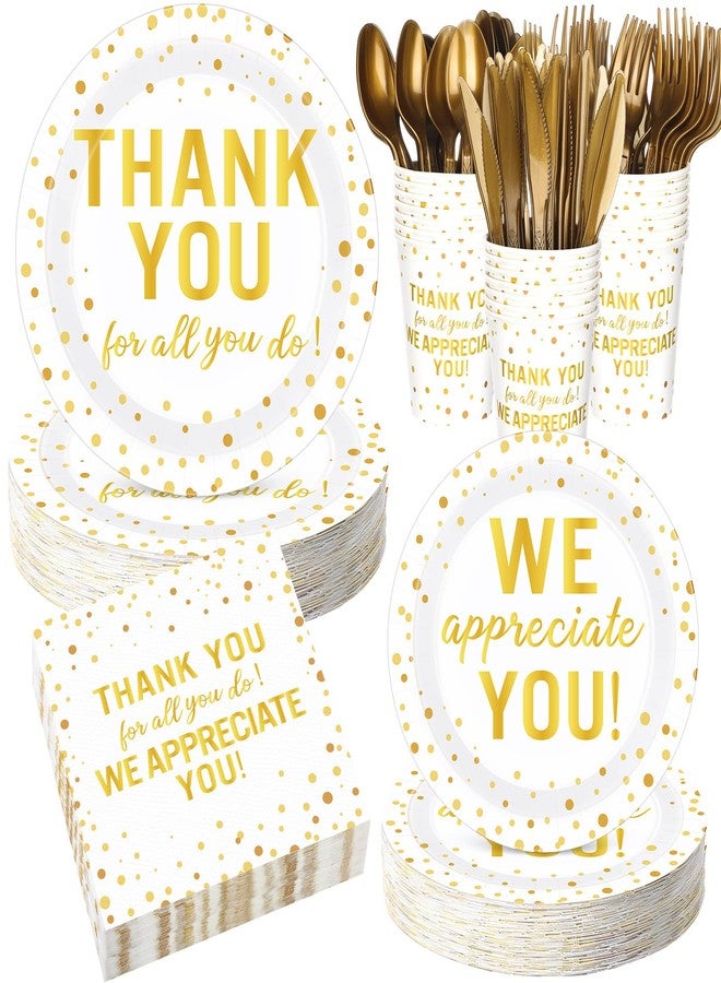 Funnymoom مجموعة Funnymoom المكونة من 192 قطعة من أطباق ومناديل الشكر، مستلزمات تزيين حفلات التقدير، أدوات مائدة للاستخدام مرة واحدة للمعلمين والموظفين وحفلات التخرج (ذهبي) - Image 1