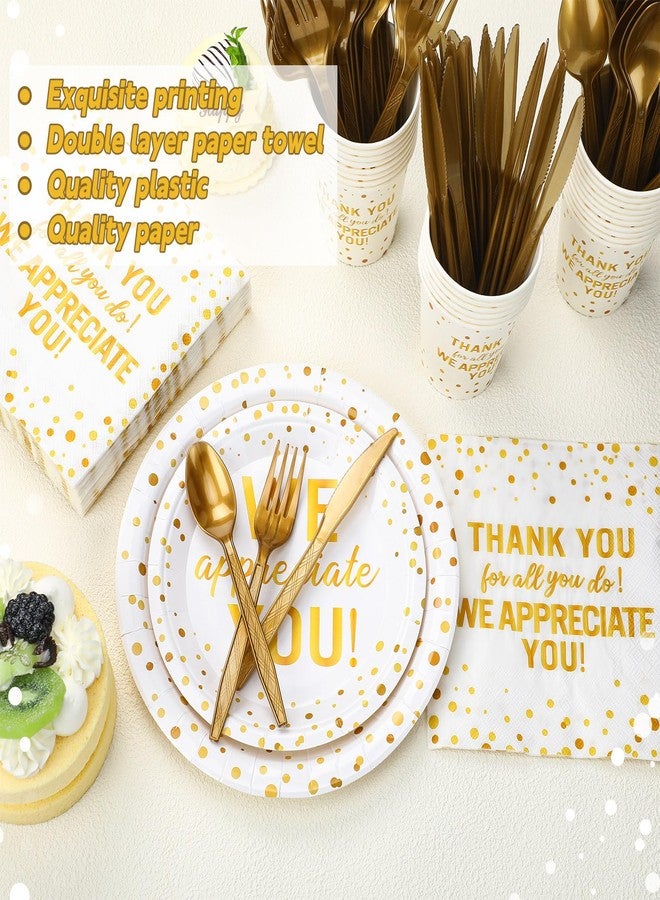 Funnymoom مجموعة Funnymoom المكونة من 192 قطعة من أطباق ومناديل الشكر، مستلزمات تزيين حفلات التقدير، أدوات مائدة للاستخدام مرة واحدة للمعلمين والموظفين وحفلات التخرج (ذهبي) - Image 3