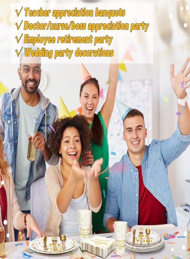Funnymoom مجموعة Funnymoom المكونة من 192 قطعة من أطباق ومناديل الشكر، مستلزمات تزيين حفلات التقدير، أدوات مائدة للاستخدام مرة واحدة للمعلمين والموظفين وحفلات التخرج (ذهبي) - Image 5