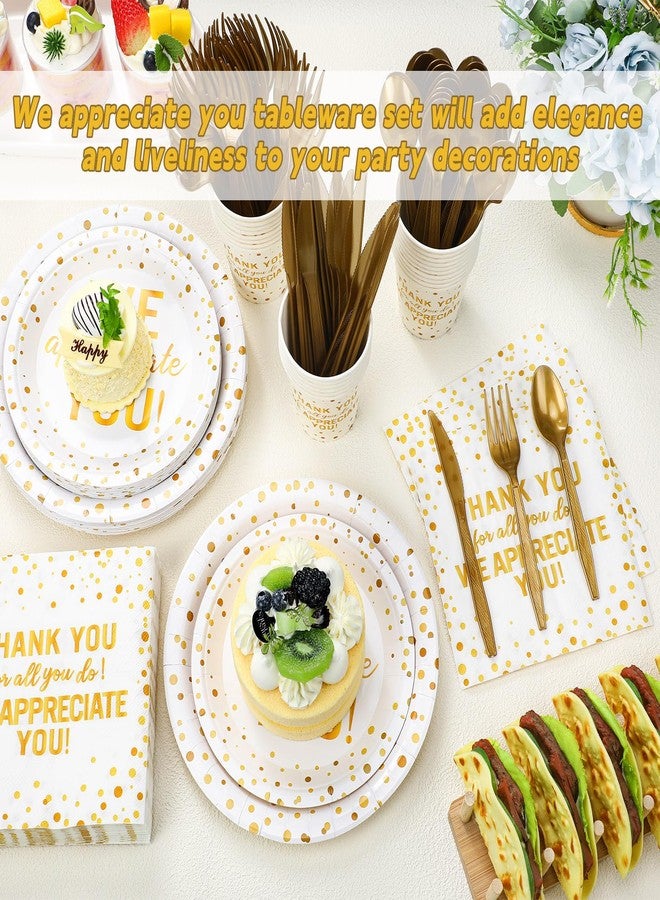 Funnymoom مجموعة Funnymoom المكونة من 192 قطعة من أطباق ومناديل الشكر، مستلزمات تزيين حفلات التقدير، أدوات مائدة للاستخدام مرة واحدة للمعلمين والموظفين وحفلات التخرج (ذهبي) - Image 4