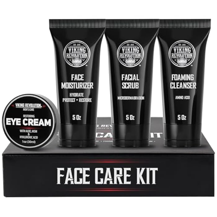 Viking Revolution Men's Facial Skin Care Kit - Includes Rejuvenating Face Moisturizer, Microdermabrasion Facial Scrub, Foaming Cleanser (5oz Each) and Eye Cream (1oz) - Image 1