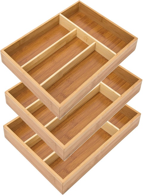 3 Pieces Bamboo Extending Cutlery Drawer Organiser 4 Compartments