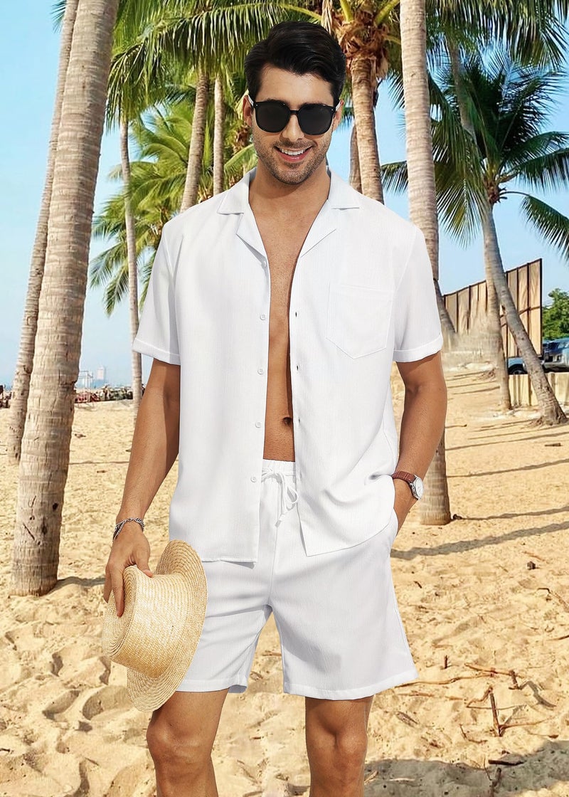 YTD Mens 2 Pieces Shirt Set Short Sleeve Button Down Casual Hippie Holiday Beach T-Shirts Shorts Outfits XL White - Image 2