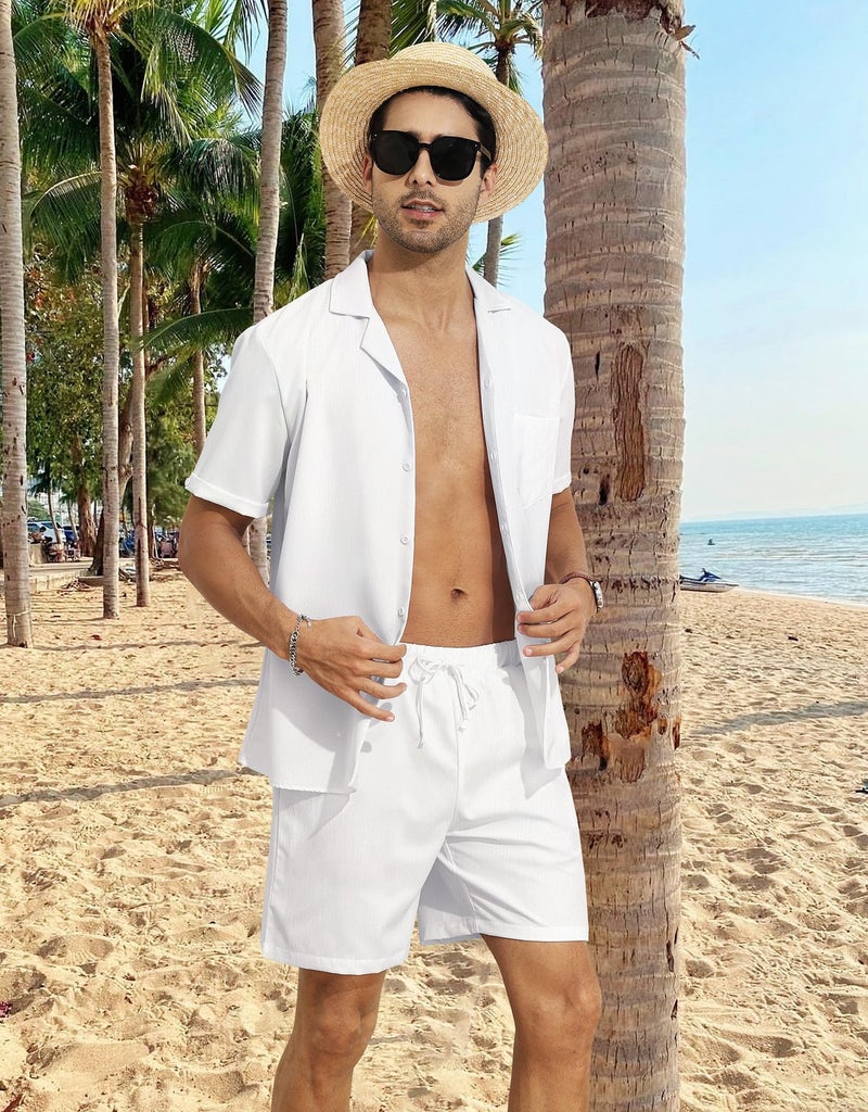 YTD Mens 2 Pieces Shirt Set Short Sleeve Button Down Casual Hippie Holiday Beach T-Shirts Shorts Outfits XL White - Image 3