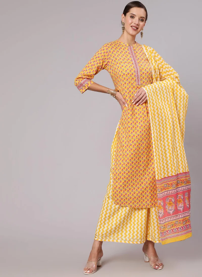 زيري سوق Yellow Cotton Casual Kurta Set with Dupatta