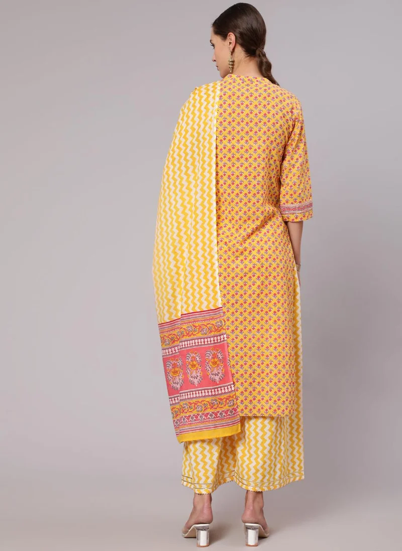 ZERESOUQ Yellow Cotton Casual Kurta Set with Dupatta