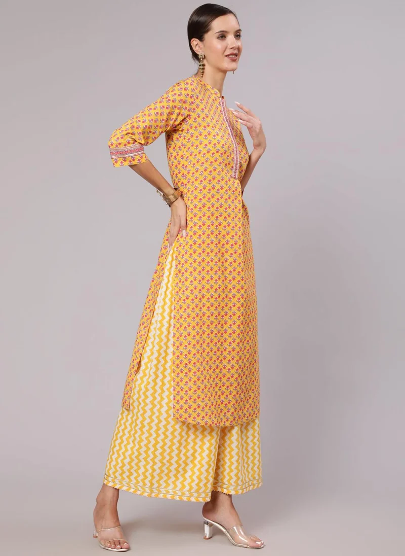 ZERESOUQ Yellow Cotton Casual Kurta Set with Dupatta