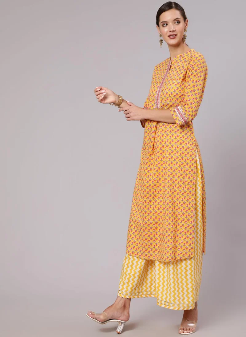 ZERESOUQ Yellow Cotton Casual Kurta Set with Dupatta