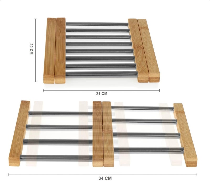 GLOWICK Glowick Adjustable Kitchen Food Cooling Rack Extendable Bamboo and Stainless Steel Trivet Hot Pot Cooker Stand for Dining Table, Kitchen (1Pcs) - Image 2