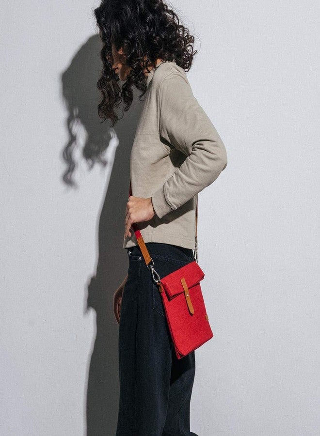 DailyObjects Unisex Scout Sling Crossbody Bag| Solid Crimson Red Canvas Purse With Internal & External Pockets| Leather Cufflink Closure With Adjustable Cotton Strap| Storage Space For Essentials - Image 4